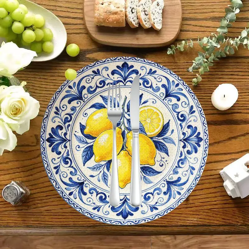 VIKAMA Mediterranean Blue Lemon Floral Round Placemats Vintage Tile Print Washable Coastal Outdoor Dining Table Decor Mat