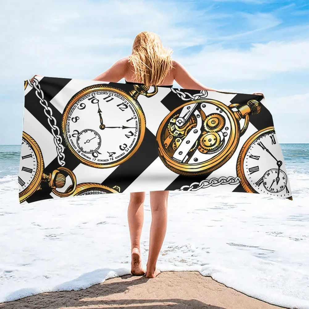 Restore Ancient Ways Golden Clock Printed Beach Towel for Adults Kids Soft Water Absorbing Breathable Summer Surf Robe Blanket