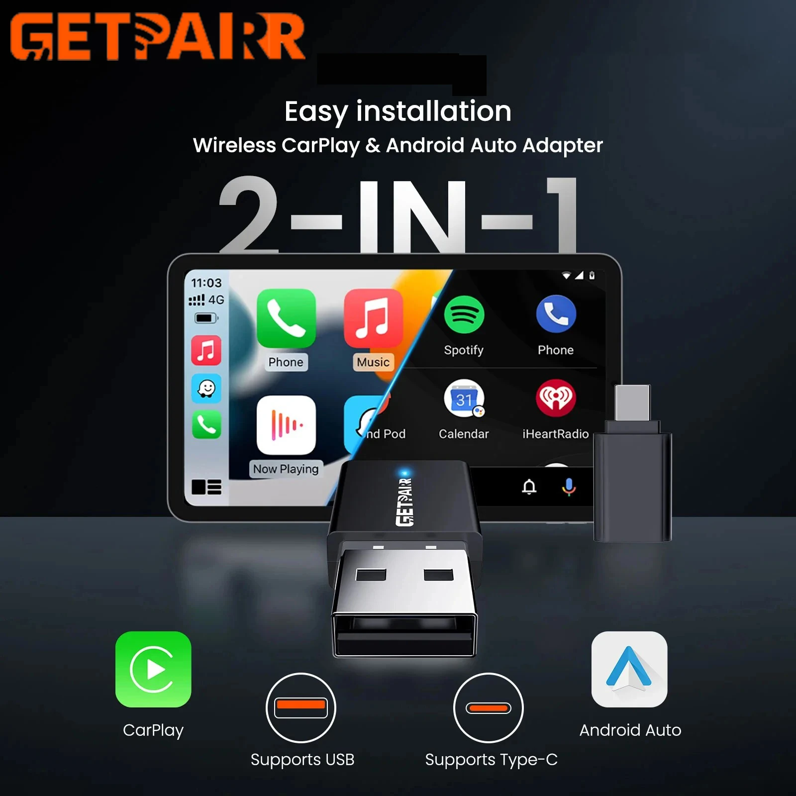 Adapter GetPairr Ultra Mini Wireless CarPlay Android Auto Plug And Play WiFi Szybkie Połączenie Uniwersalny Do Samochodów z Przewodowym CarPlay