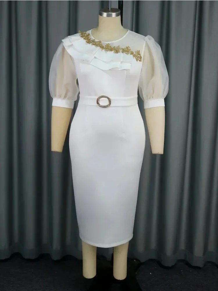 Bridal Shower Dresses White Bubble Sleeve Mesh Patchwork Ruffle Trim Party Dress Elegant Women Wedding Guest Birthday Classy New