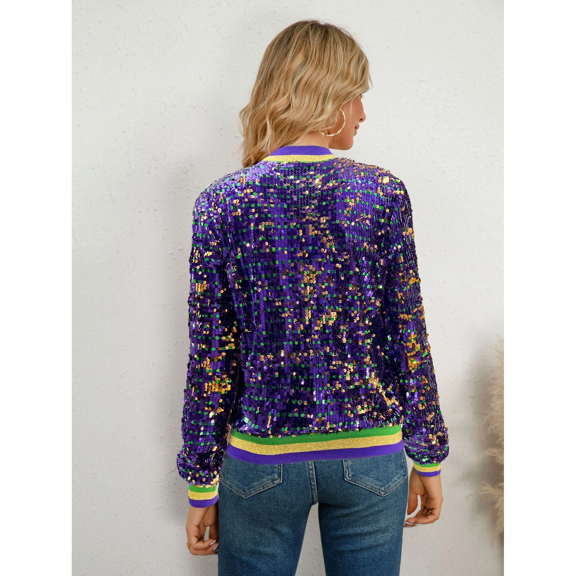 

Trendy Long Sve Sequin Baseball Jaet Open Cardigan Women's Outerwear Ele Sle Polyester Fabric Zipper Closure