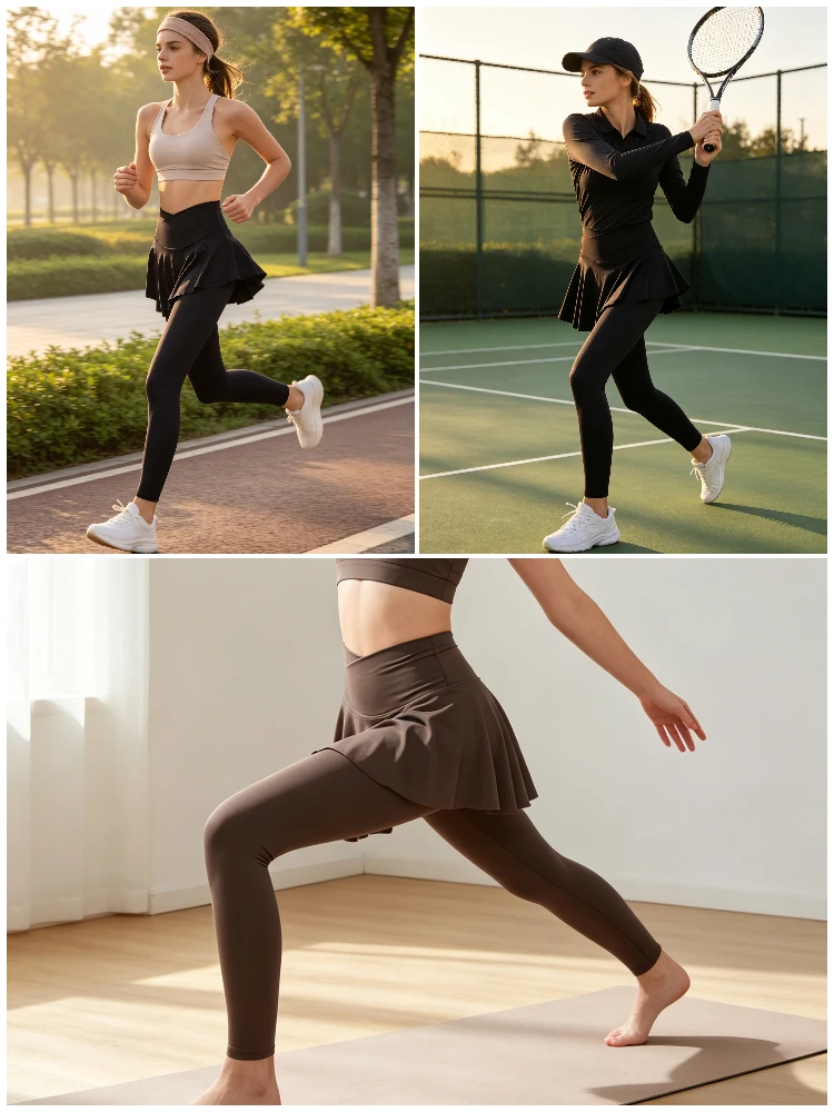 VITALINOVO Damen Crossover-Leggings mit Rock Tennis Yoga Leggings mit Rock Hohe Taille Rüschen Plissierter Skort Tennis Sport Golf – Detail 11