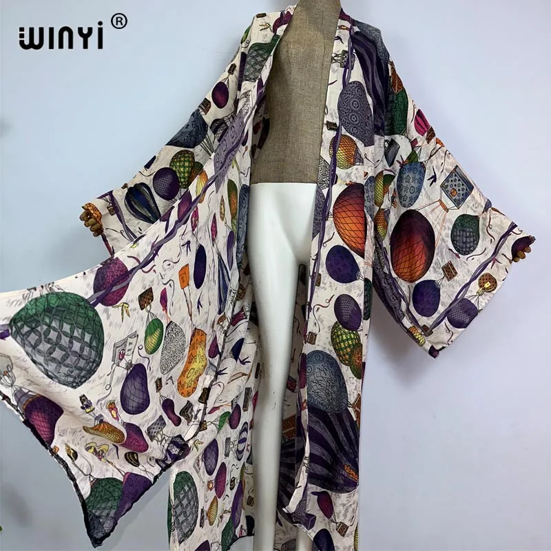 WINYI Africa Classic pattern print summer beach Bohemian long Cardigan Cover-up stitch Casual Boho Maxi Holiday party kimono