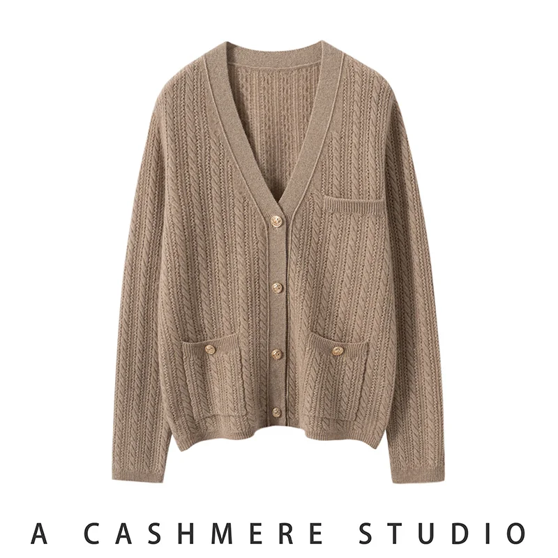 

Autumn Winter New Women's 100% Cashmere V-Neck Cardigan Long Sleeve Loose Slimming Versatile Skin-Friendly Cashmere Knitwear