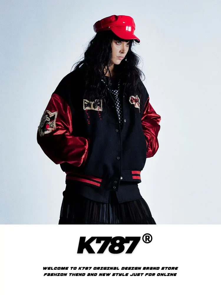 

K787 American Retro Color Blo Baseball Jaet Loose Casual Couples Coat Men's Faion Embroidery Patchwork Spring Outerwear