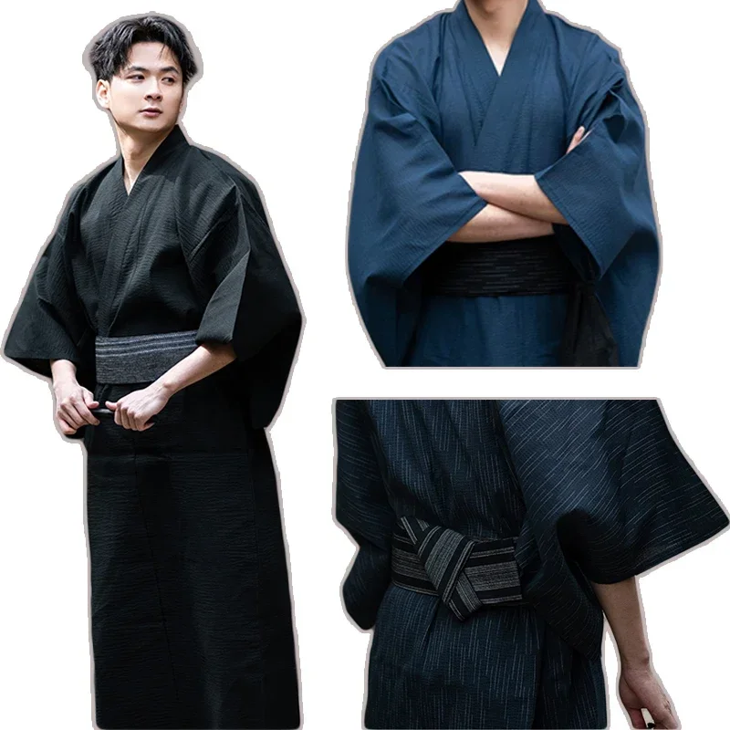 Summer Black Japanese Traditional Samurai Kimono For Men Yukata Bathing Robe Hekoobi Loose Style Sauna Homewear Belt Long Gown