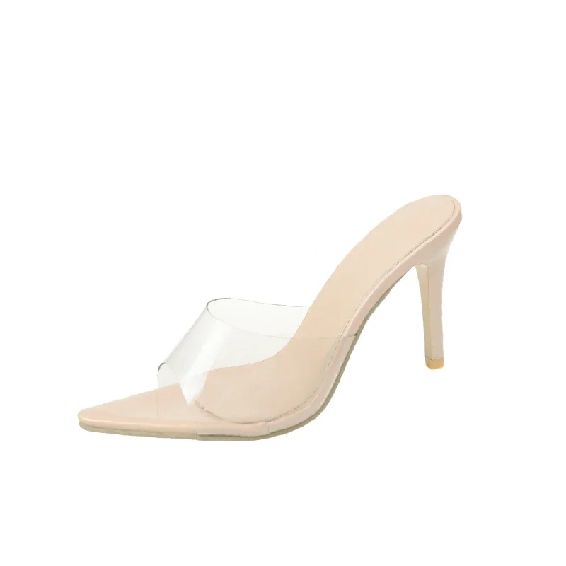 Trendige, sexy High-Heel-Slipper für Damen mit spitzer offener Zehenpartie, transparente Mules für Partys, Nude-Transparente Schuhe – Detail 9