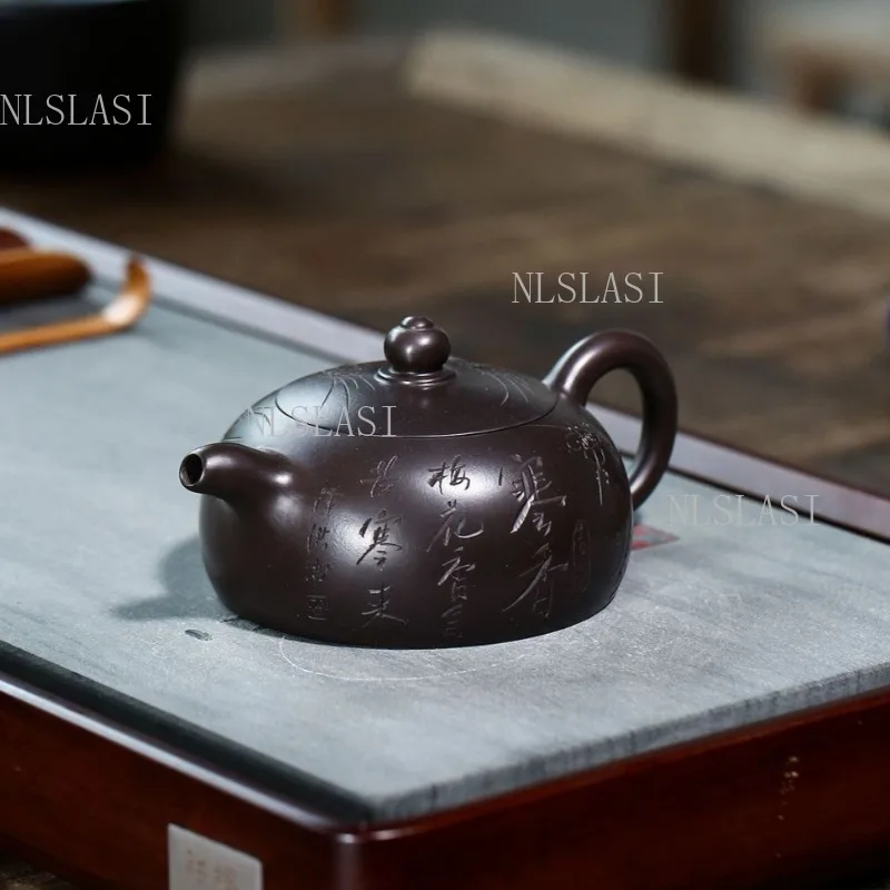 180ml  Yixing Raw Black Clay Zisha Teapot Flat Half Moon Shape Engraved Plum Blossom And Ancient Calligraphy Kung Fu Tea Pot