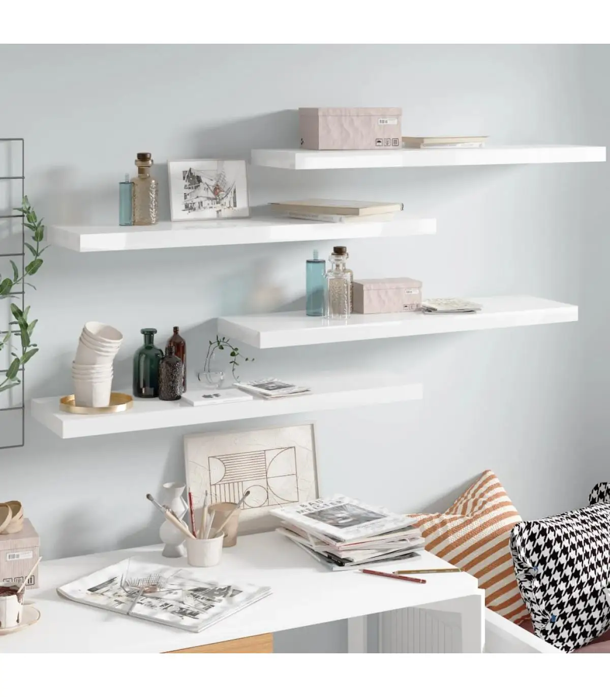 Shelves and shelves floating shelves Wall 4 PCs white glitter MDF 90x23,5x3,8cm