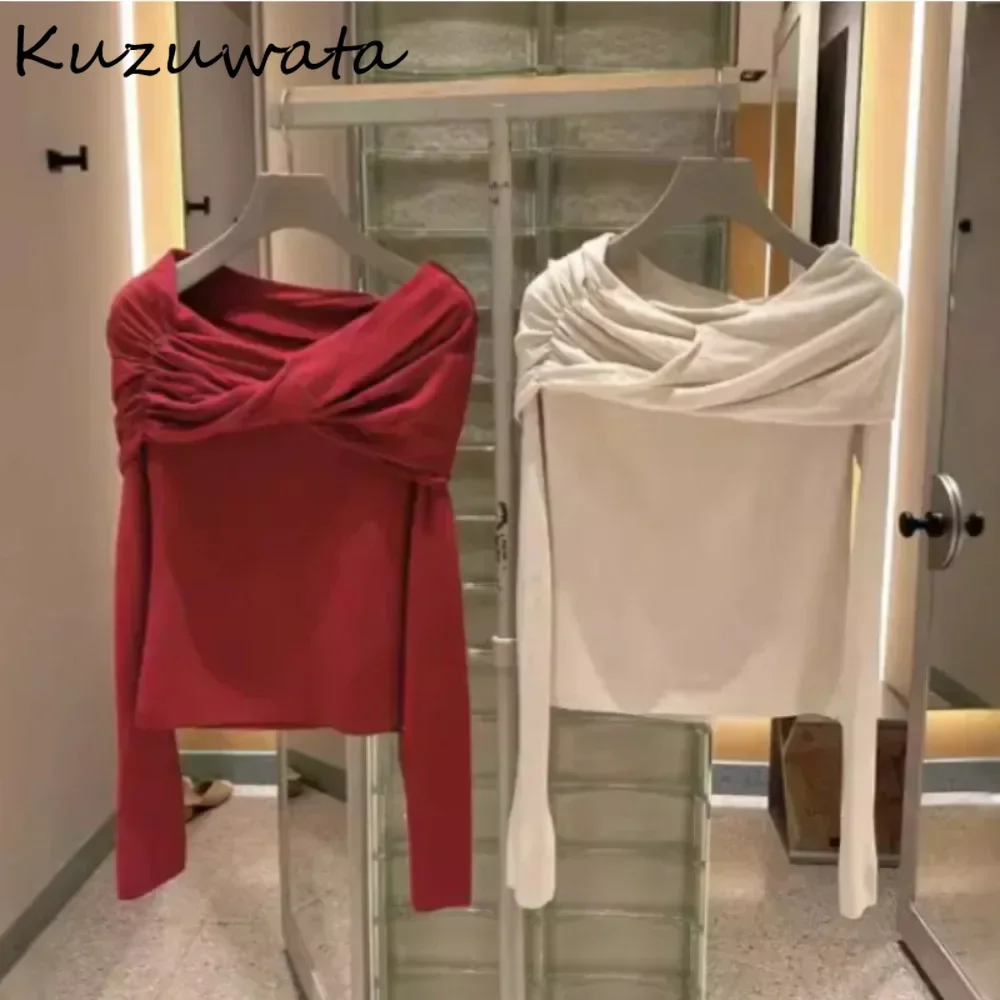 Kuzuwata Harajuku Sweet Bow Slash Neck Long Sleeve Jumper Off Shoulder Tie Kink Solid Pullover Japan Slim All-match Knit New Top