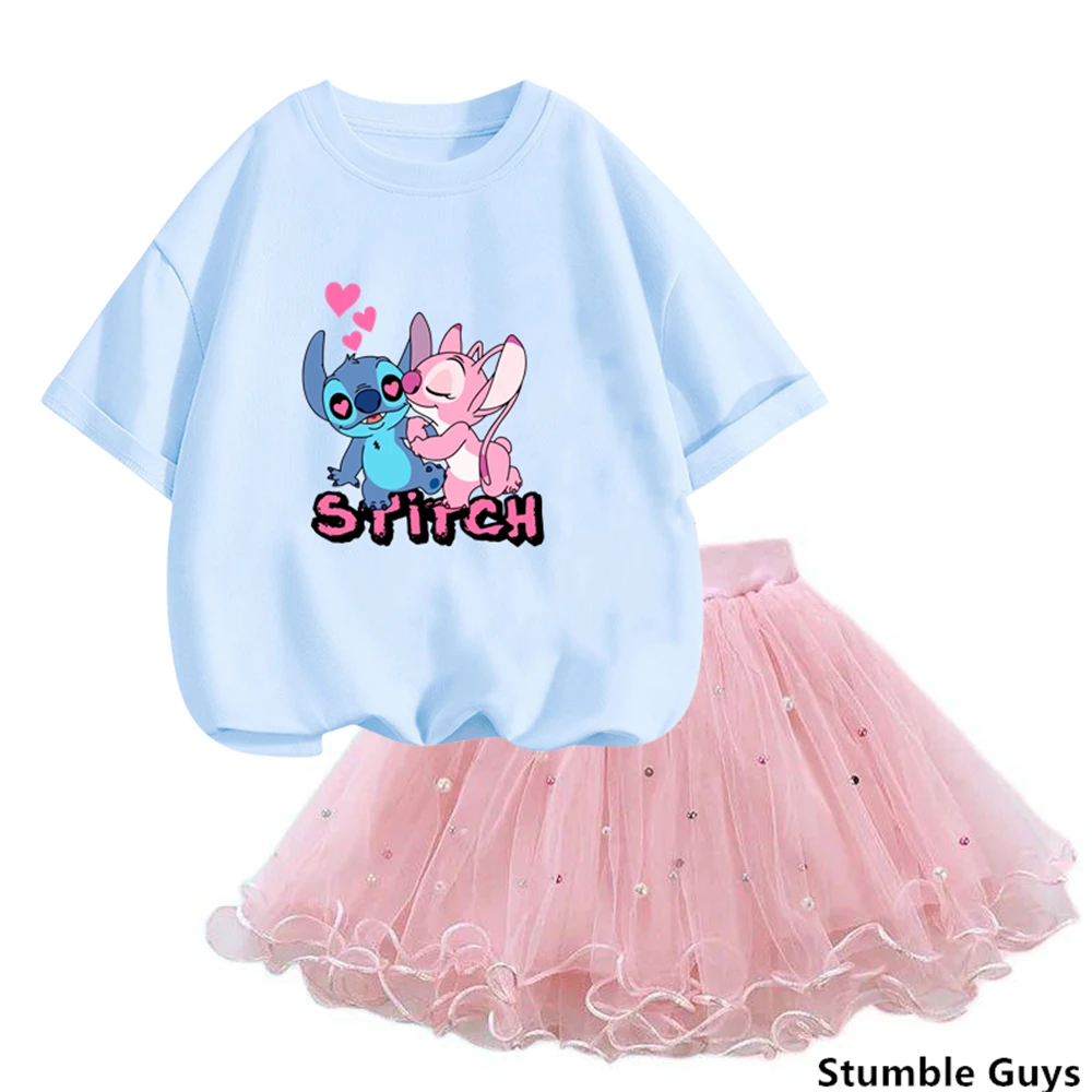 Kids Stitch Clothes Flower Flamingo T Shirt & Tutu Mesh Skirt Two Piece Pretty Korean Little Girls Clothing Set Fashion Outfits