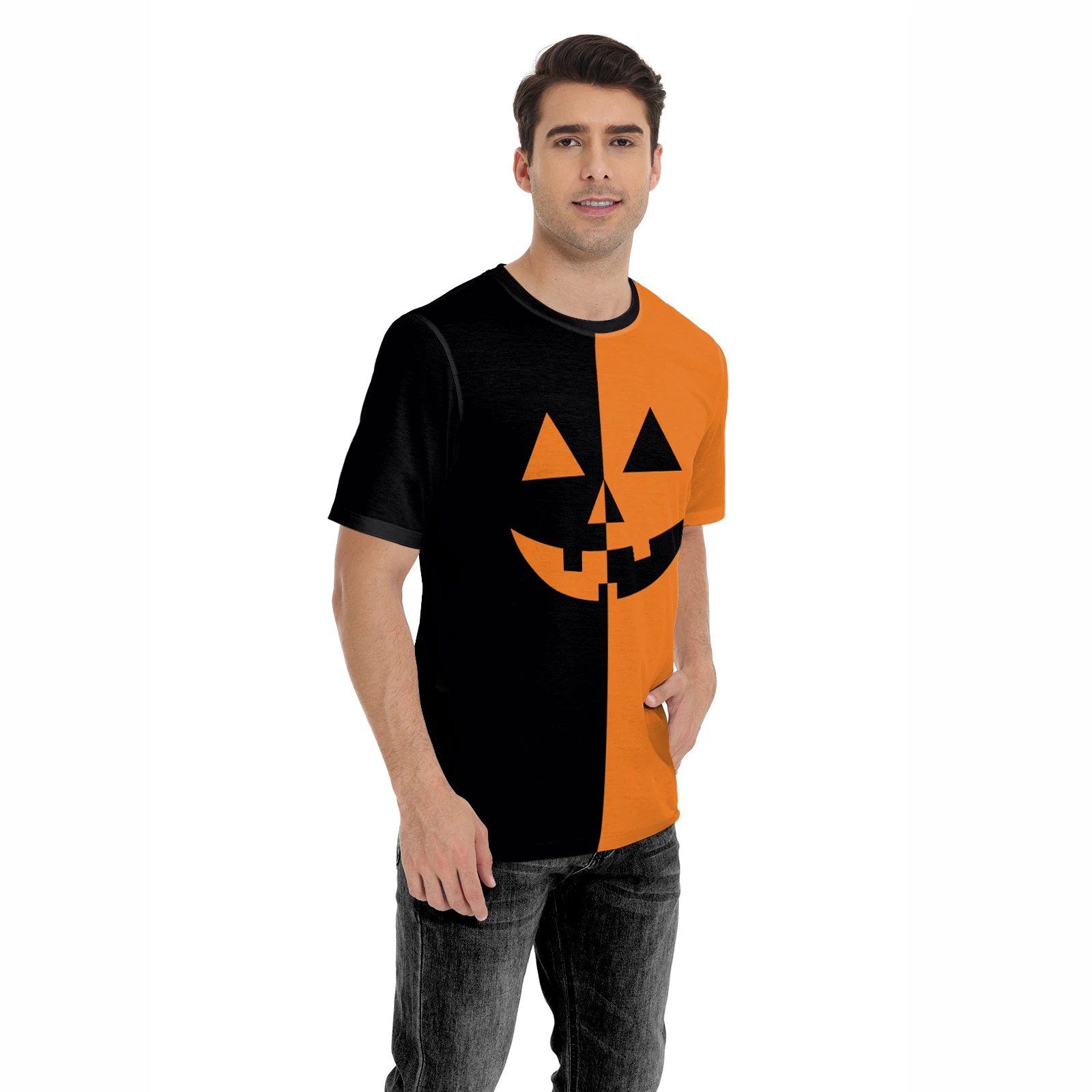 

Halloween Pumpkin Short Sleeve Shirt Funny Print Men's T-shirt Orange Black Crewneck Tee Shirt Summer Party Top Casual Steerwear