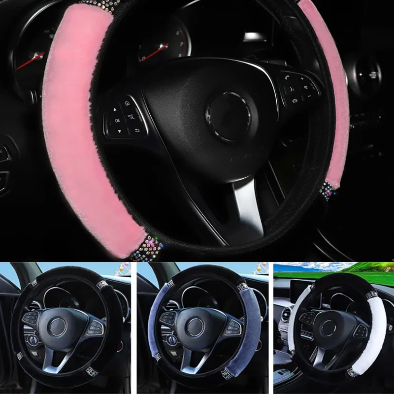 

Long And Short Hair Section Elastic Steering Wheel Cover Car Winter Handle Cover Colourful Inlaid Diamond Without Inner Ring