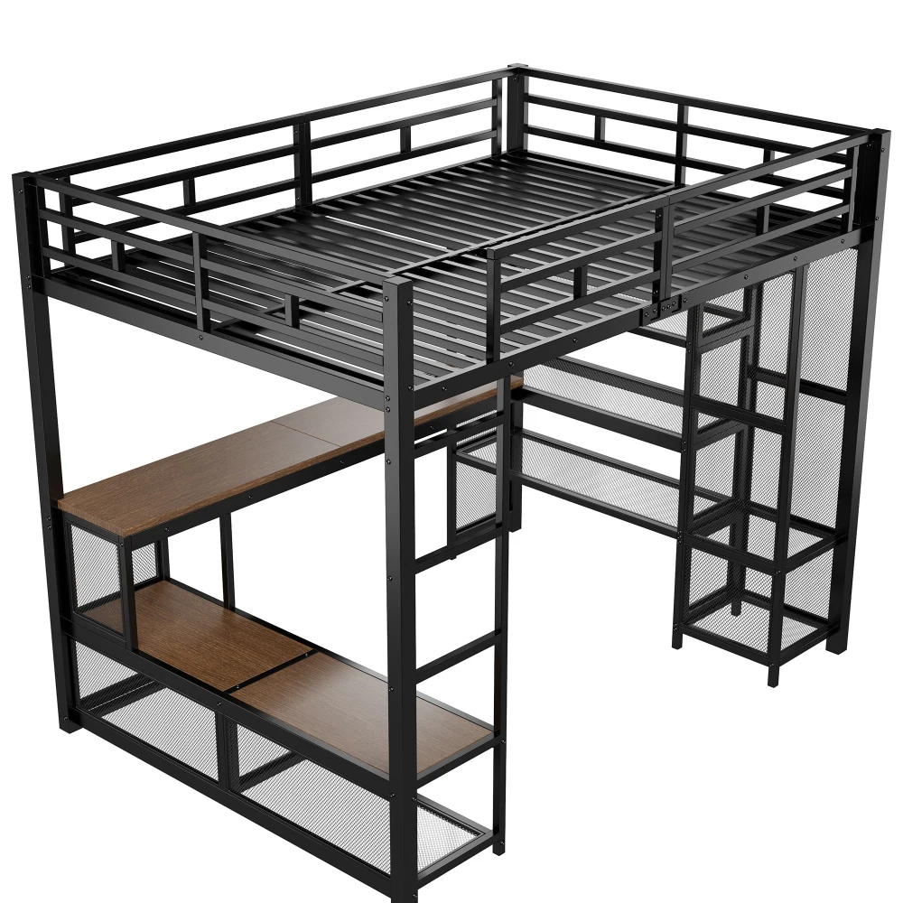 140 x 200 cm großes Hochbett aus Metall mit Stauraum und offenem Kleiderschrank, Kinderzimmerbett mit USB-Anschluss und LED-Beleuchtung, Schwarz/Weiß – Detail 15