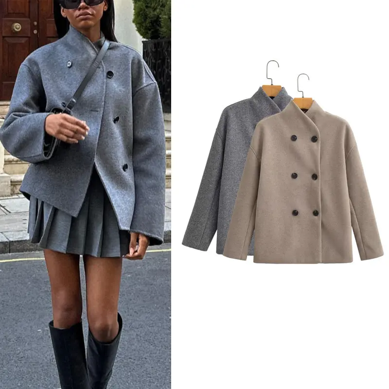 Autumn Winter New Style Women's Bloggers INS Wind Stand Collar Loose Double Button Short Woolen Coat Jacket Polyester Fiber