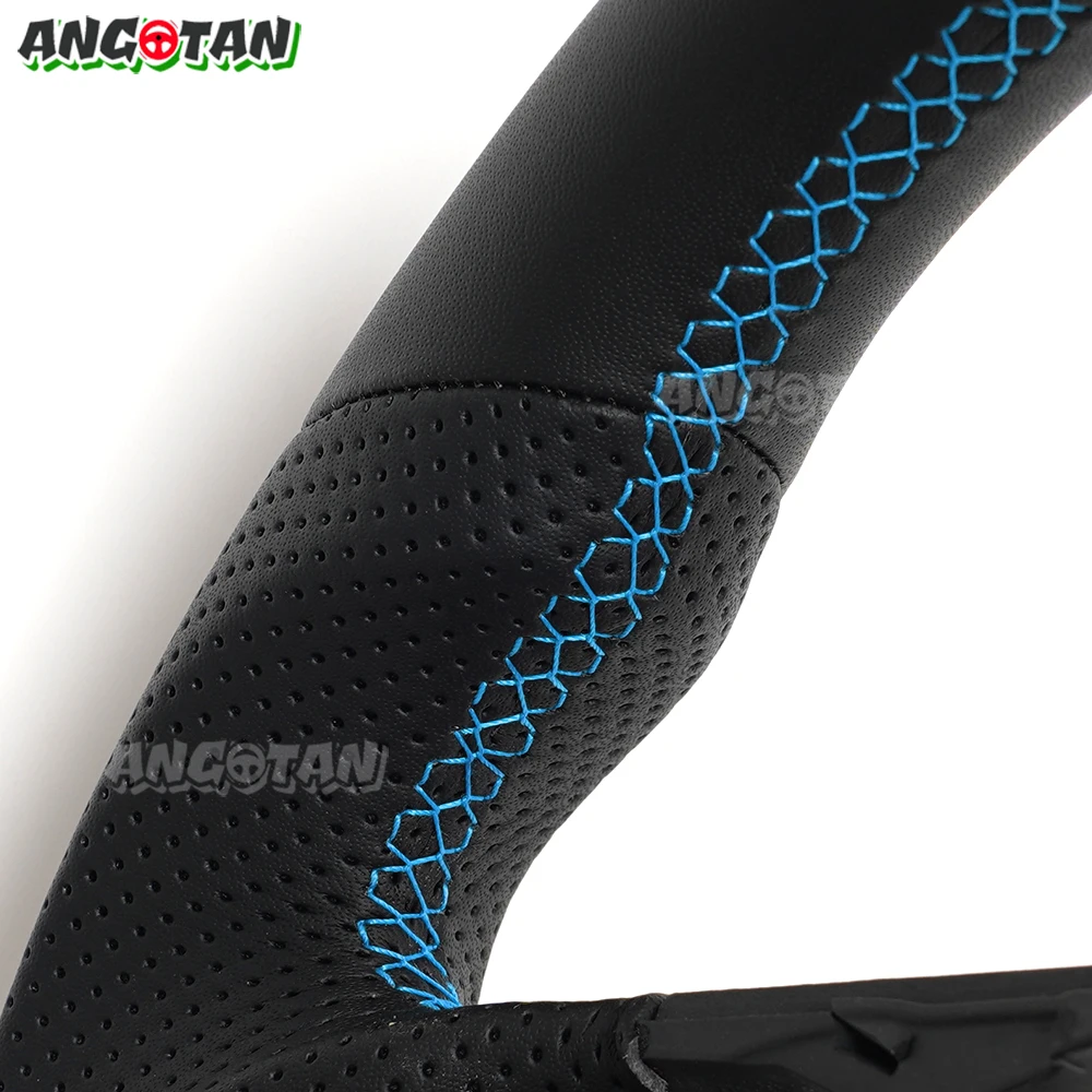 عجلة قيادة جلدية كاملة لسيارات BMW E90 E91 E92 E93 E89 E87 E70 E84 E82 E81 328i 335i 135i 325i مع خط مركزي للخياطة الزرقاء #6