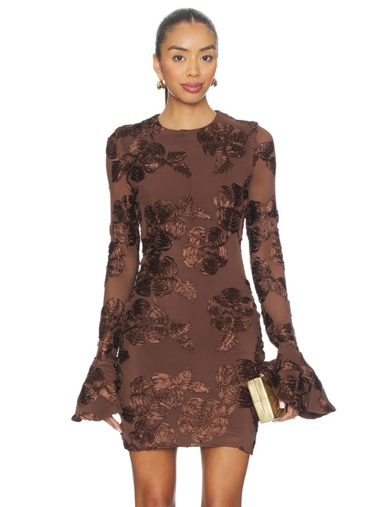 Sexy O Neck Mesh Patchwork Flare Long Sleeve Floral Mini Dress Women Elegant Brown Bodycon Celebrity Evening Club Party Dresses