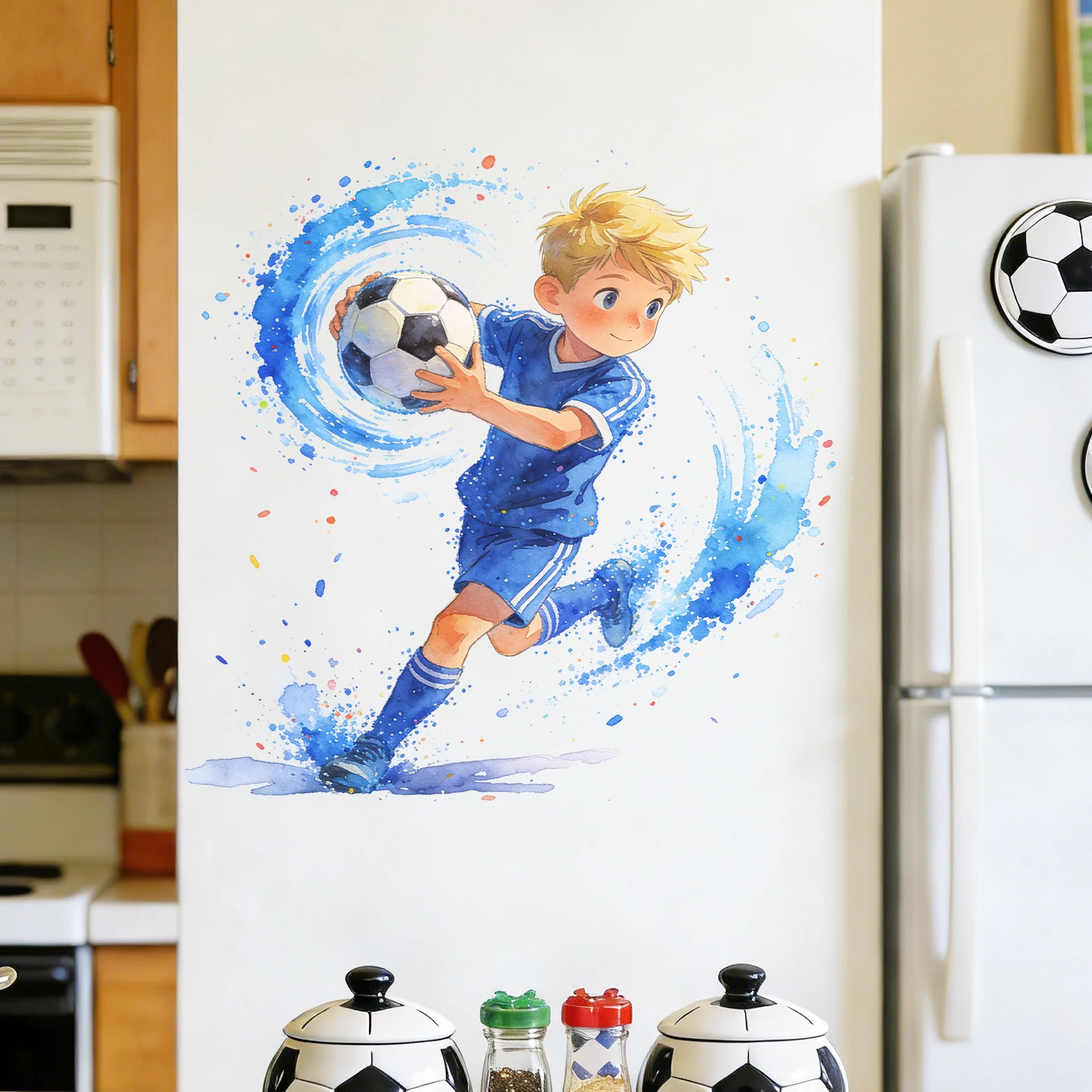 Watercolor Soccer Player Wall Stickers, Blue Football Splatter Decals, Removable Sport Themed Home Decor