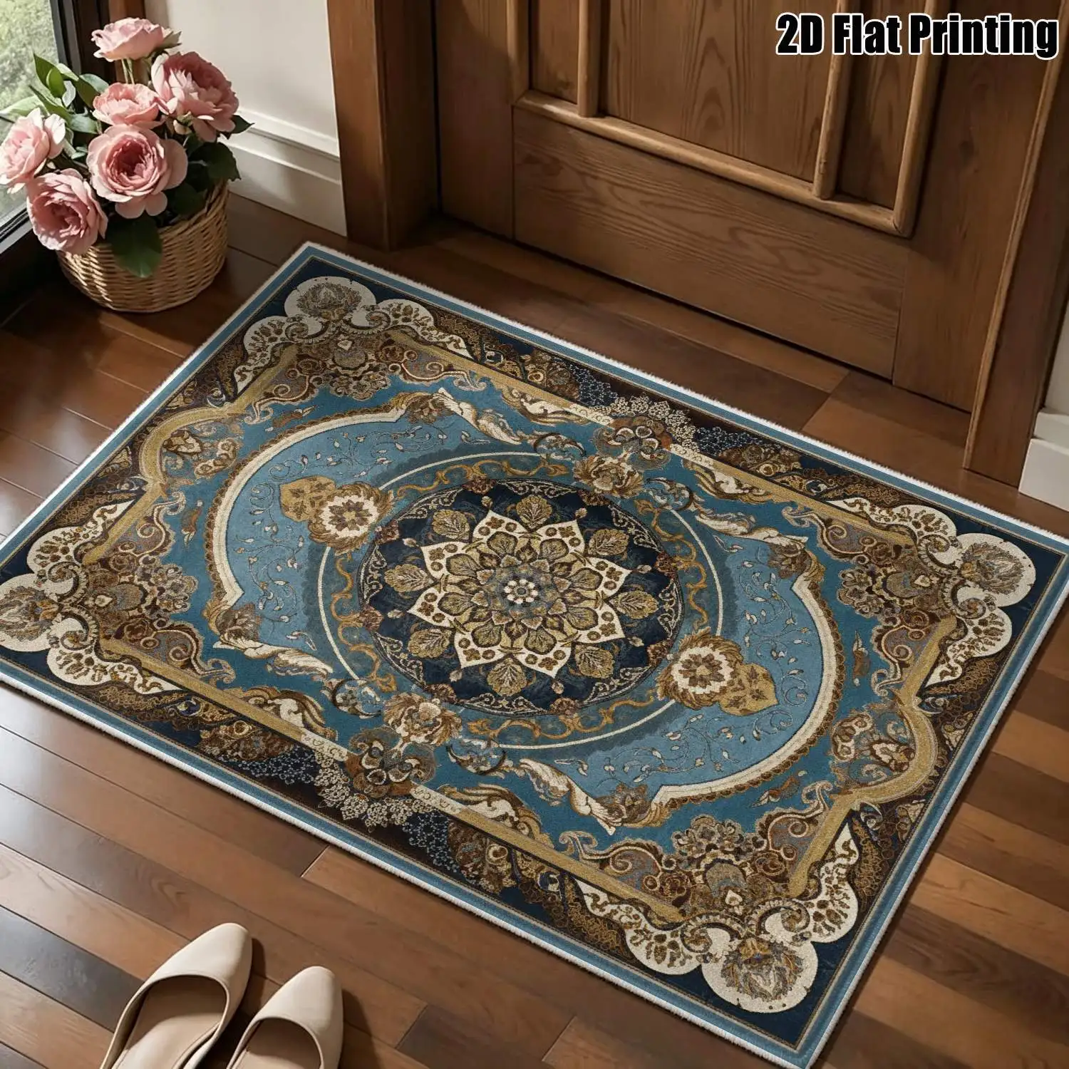 1Pc 2D Printed Velvet Carpet, Retro Blue Gold Floral Geometric Design, Machine Washable, Multi-Size for Home Decor, Multiple Uses