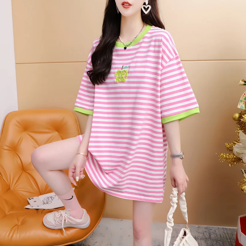Embroidered Color Striped Short Sleeved T-shirt Women Summer 2024 New Pink Loose Cotton Tshirts  Y2k Top
