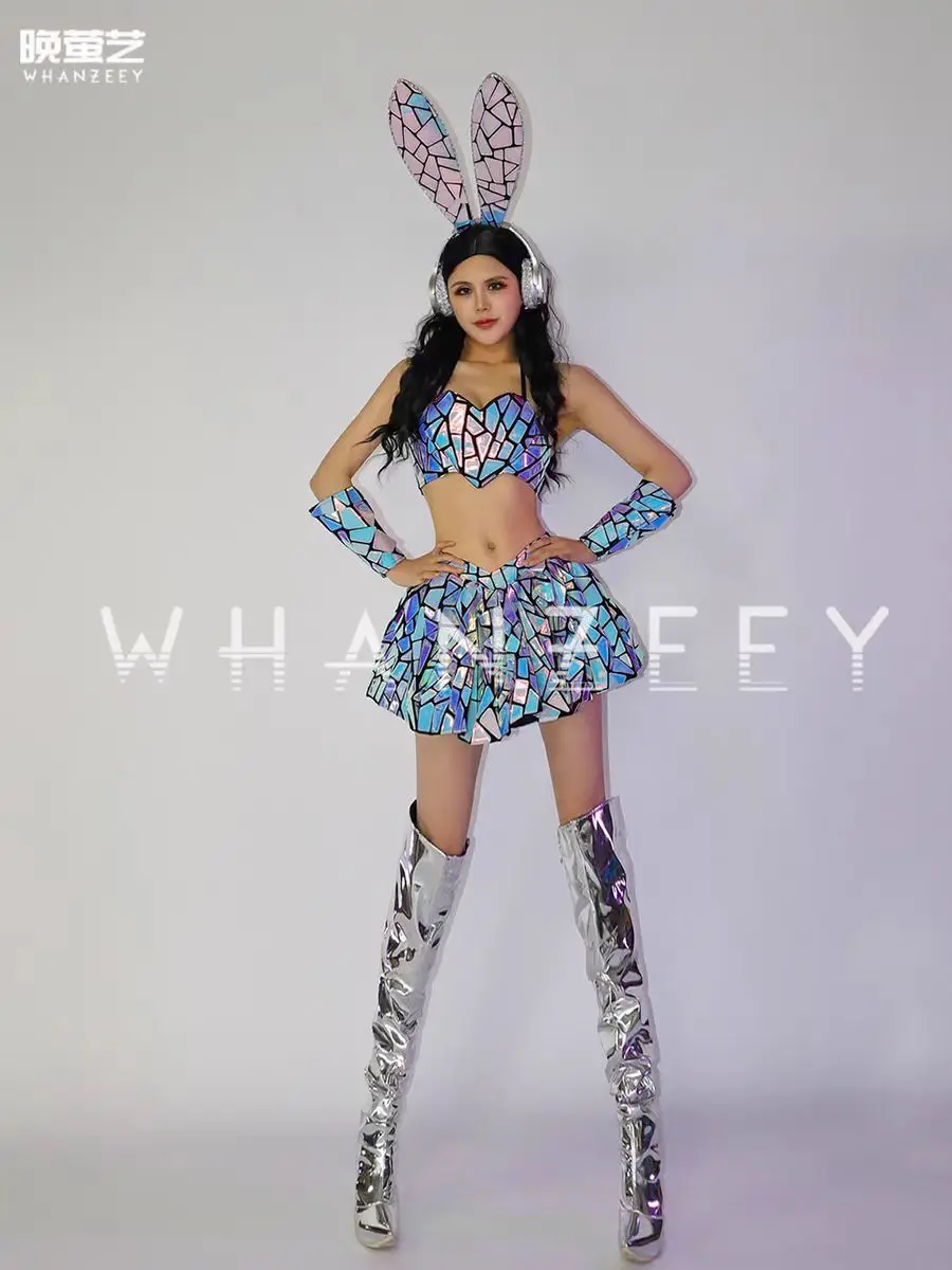Nightclub Bar DJ Female Singer Performance Clothing Colorful Laser Lens Rabbit Ear Split Set Dance Team Party Theme Show