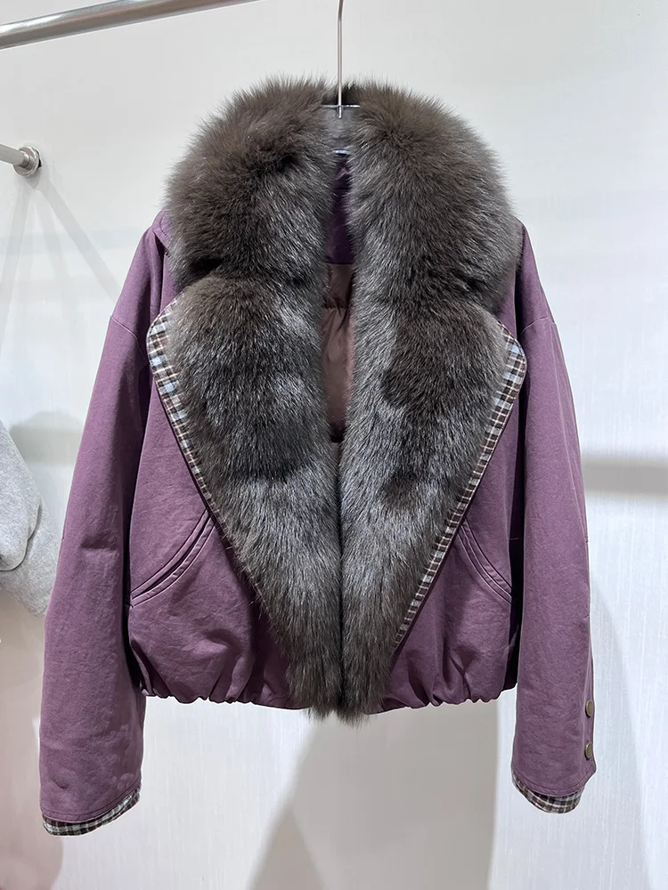 เสื้อโค้ทขนห่านขาวสำหรับผู้หญิงฤดูหนาวปี 2025 พร้อมปกขนสุนัขจิ้งจอกธรรมชาติ เสื้อแจ็คเก็ตยีนส์ผู้หญิงสุดหรู