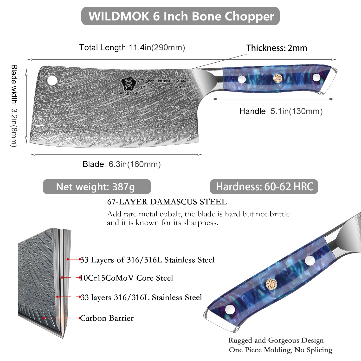 WILDMOK Professional 6.5"Bone Chopping Knife, Damascus Steel Chopper Knife, Heavy Duty Butcher Kitchen Knife with Resin Handle
