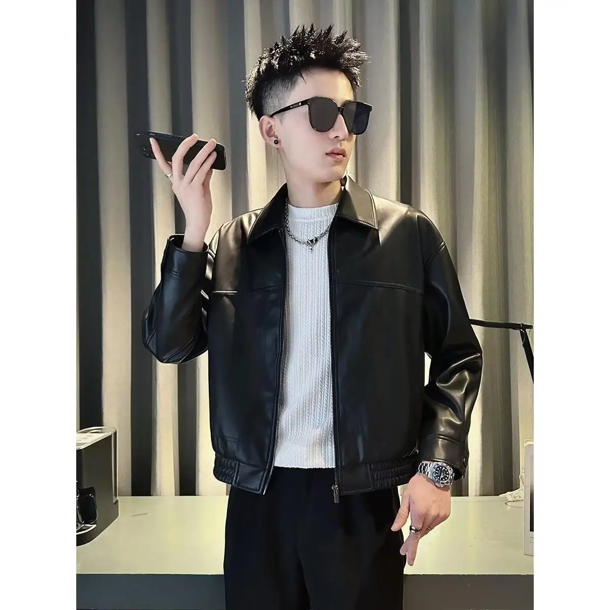 

Повседневное мужское кожаное байкерское пальто Jaet, простое универсальное пальто из искусственной кожи, осень-зима, новинка 2025 года, молодежная верхняя одежда Faion Long Sve