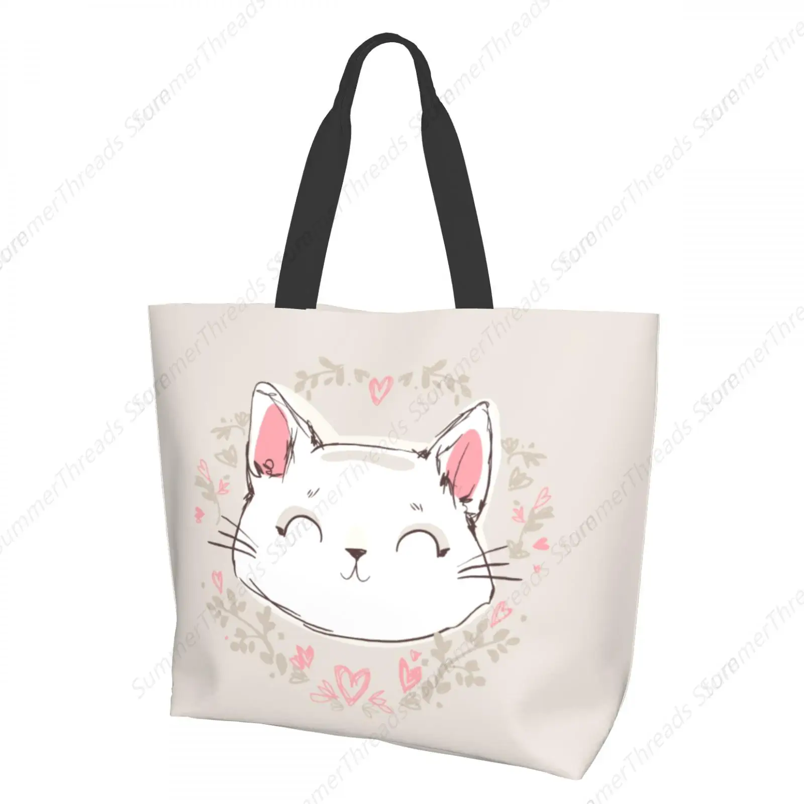 

Сумка-тоут с милым котом и цветочным венком для женщин, большие сумки с принтом, портативная пляжная сумка, многоразовые сумки для продуктов, водонепроницаемые