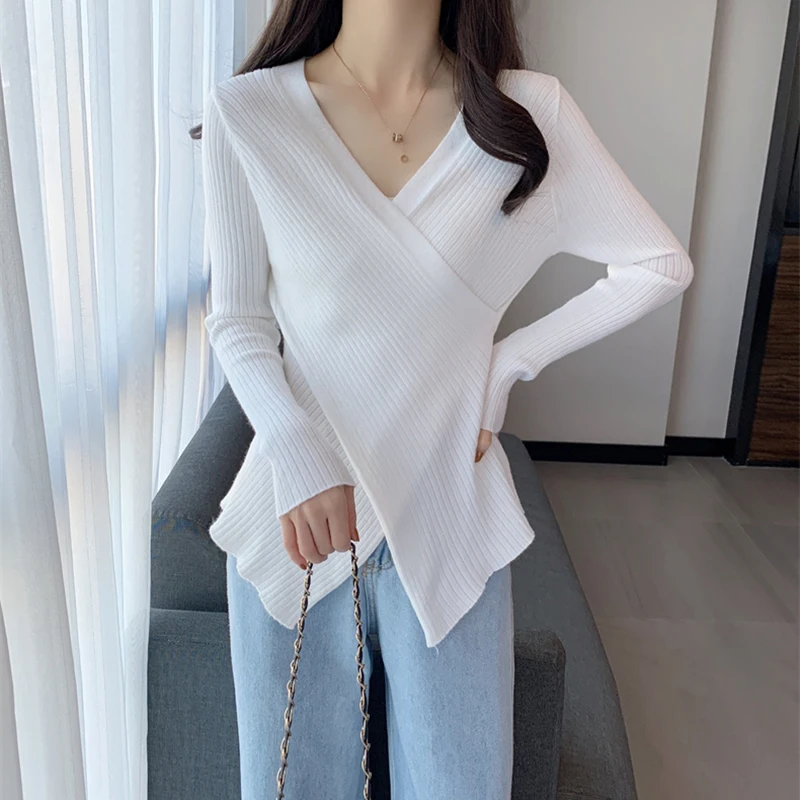 Autumn Knitted Women Pullovers Korean Elegant Folds Slim Long Sleeve Female Casual Sweaters Fashion New V Neck Ladies Jumpers