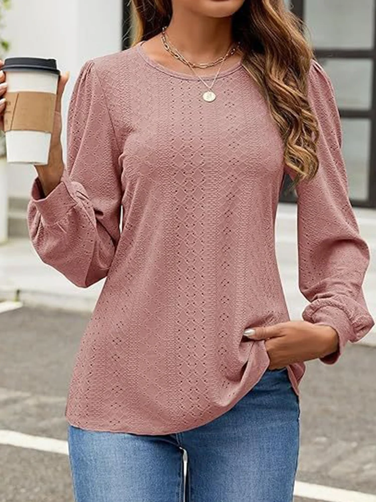 White Long Sleeve Loose Casual Women T-Shirt Hollow Out Vintage Basic O-Neck Female Tops Breathable Confortable Autumn Lady Tees