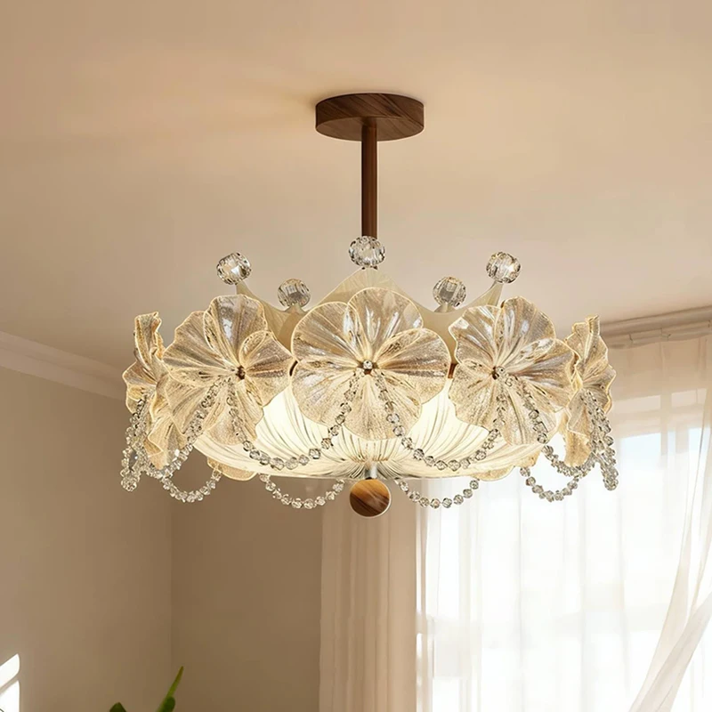 French Medieval Style Flower Bedroom Ceiling Lamps Light Luxury Crystal Glass Petal Lamp LED Warm Children's Room Ceiling Lights