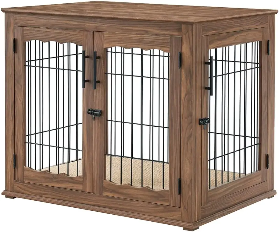 

Double Doors Wooden Wire Dog Kennel with Pet Bed, Decorative Pet Crate Dog House