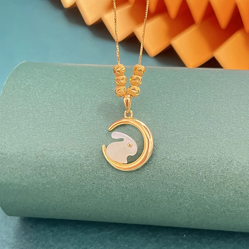 High Quality Gold Neck Jewelry, 24K Jade Rabbit Watching the Moon Gold Beads Necklace Cute Style Clavicle Chain for Women