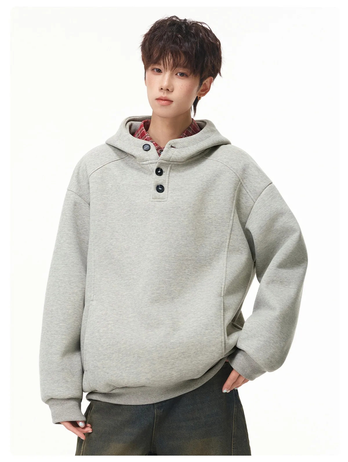 Autumn Winter New Button Half High Neck Hoodie for Men Korean Fashion Harajuku Simple Solid Men's Casual Loose Hooded Sweatshirt