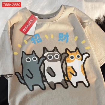 남녀공용 순면 반팔 티셔츠, 오렌지 고양이 샴, 2024 코튼, 신상 고양이 만화, 학생 루즈 탑 커플, 여름