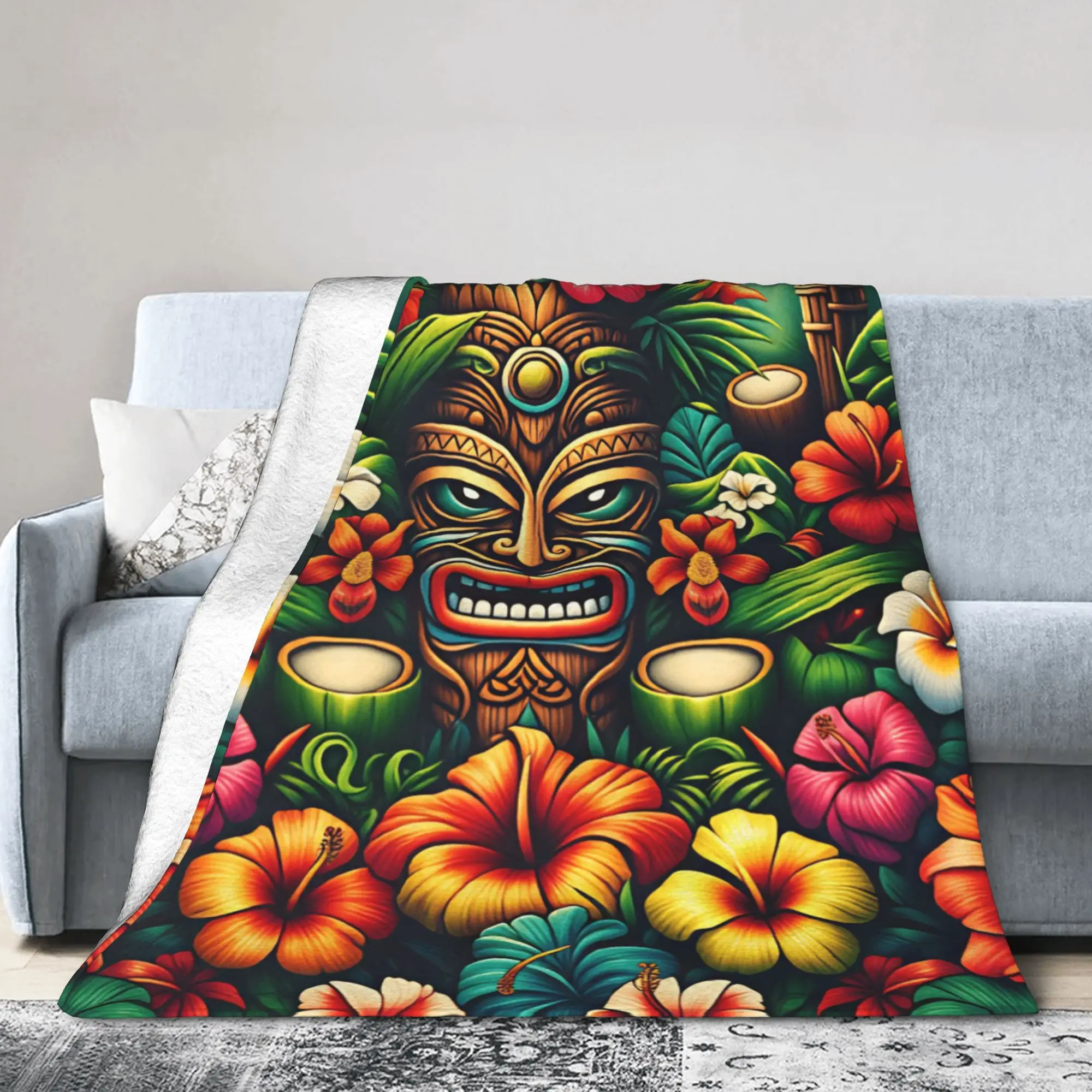 Tropical Flower Surrounded Tiki Mask Totem Hawaiian Art Blanket  Warm Soft Novelty Plush Throw Blanket Bed  Bedspread Bed Cover