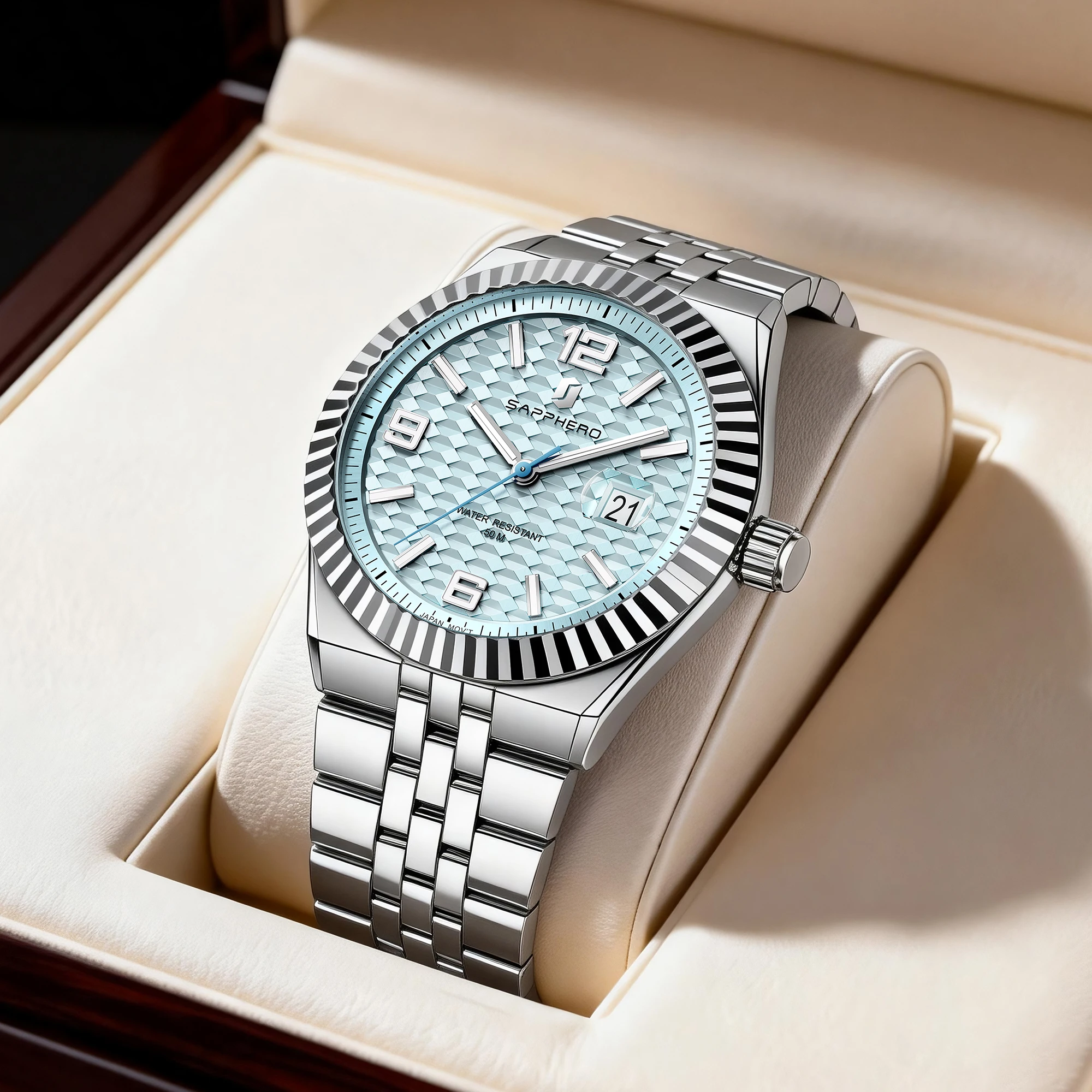 SAPPHERO Men's Quartz Watch Stainless Steel Strap with Date Window Designer 50 Meter Waterproof Luxury Gift Watch