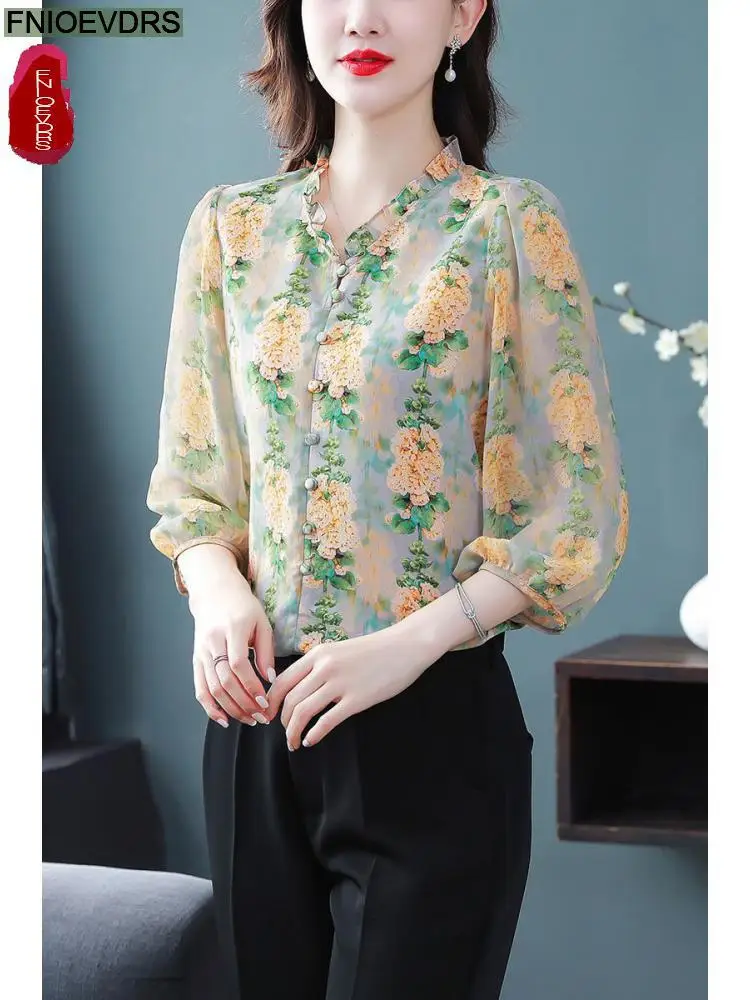 Tops vintage retrô floral feminino, camisa de botão elegante senhora do escritório, blusa solta casual, verão, M-3XL 2023