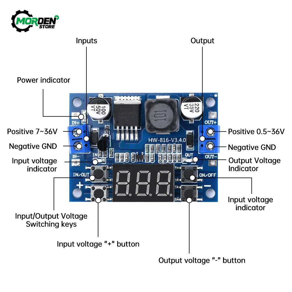 DC Adjustable Step-Down Module LM2596 Voltage Regulator With LED Voltmeter Display Digital 3.3V 5V 12V Power Supply