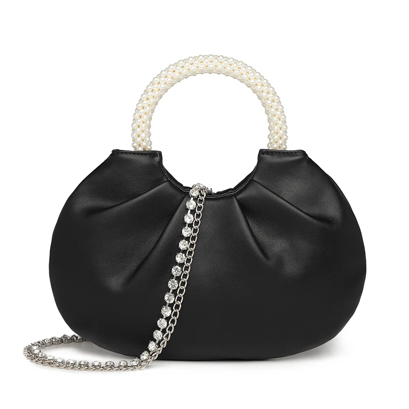 

Light Luxury Leather Black Pleated Cloud Bag Pearl Portable Lady Bag Oblique Span Shoulder Waterproof Mobile Phone Pocket