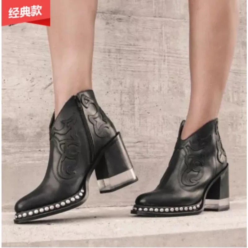 Female Ankle Boots 2023 Leather Women\'s Shoes Low Heel Cool British Embroidered Design Soft Short  Party Ladies Footwear