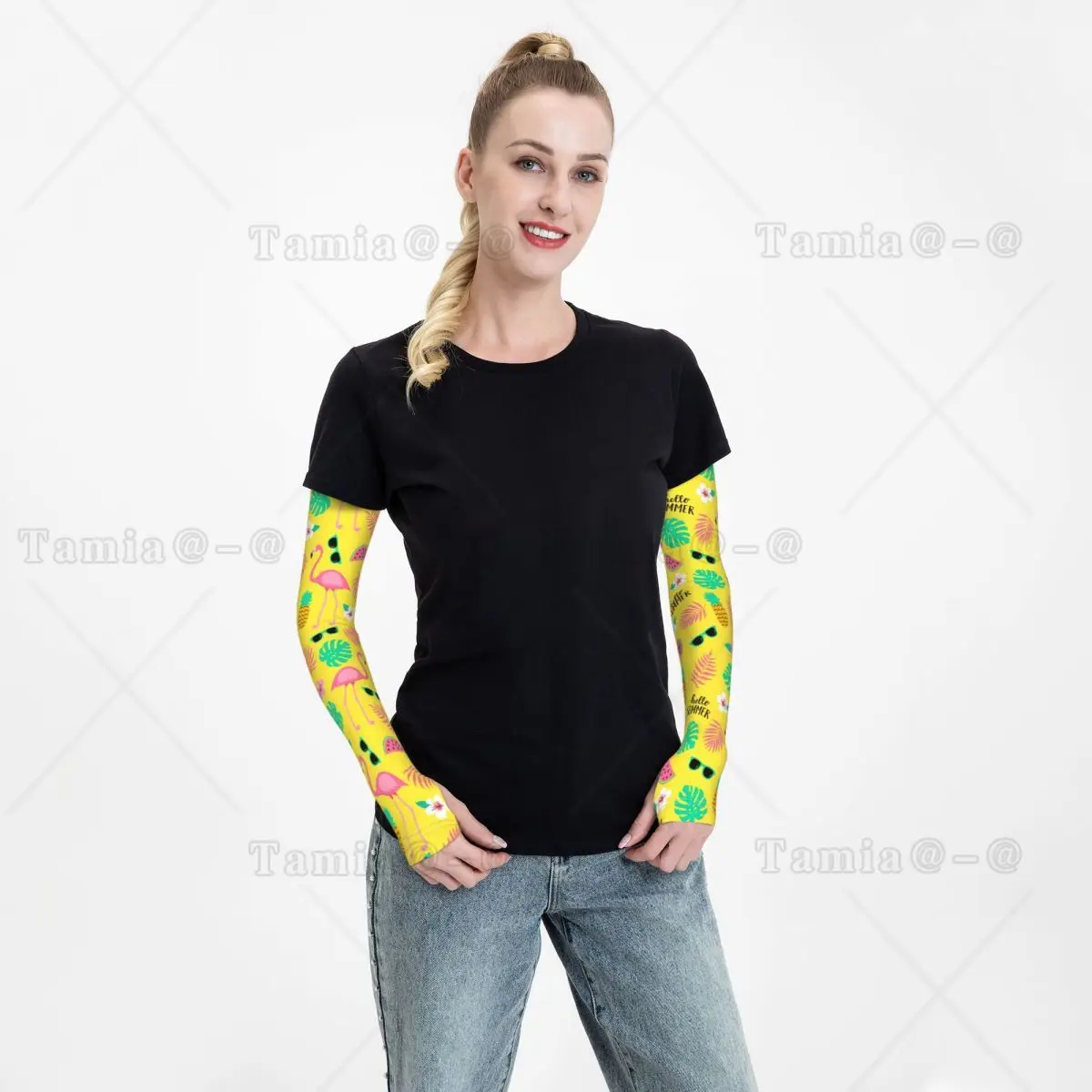 Custom Flamingos Leaves Cooling Arm Sleeves Men Women Athletic Sports Tropical Pineapple Pattern Tattoo Cover Up for Hiking