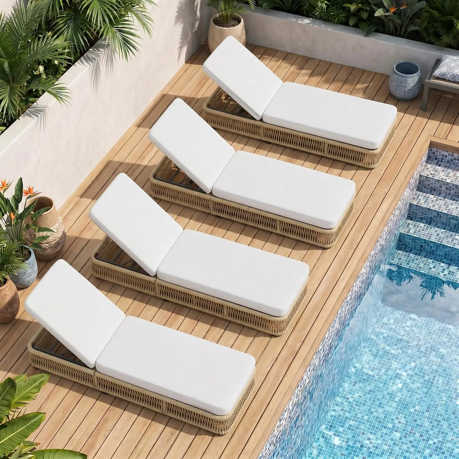 Outdoor Chaise Lounge Chairs Set of 4, Brown Woven Rope Pool Lounge Chairs