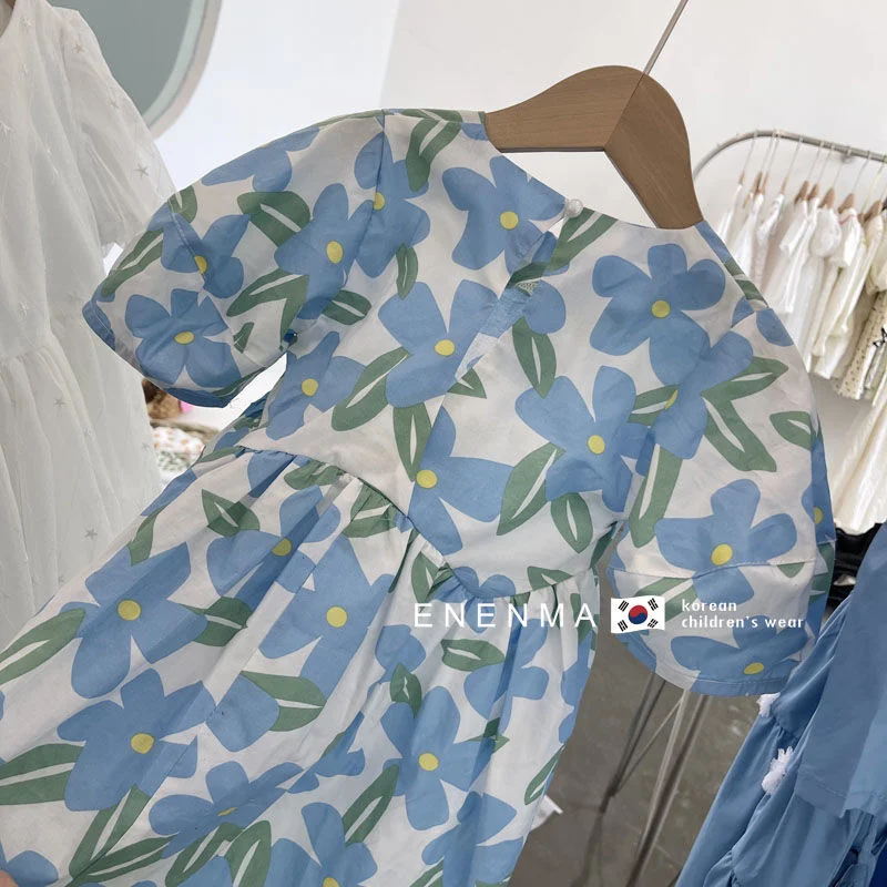 Summer Lolita Blue Floral Kids Clothes Girls Casual Elegant Children Dresses For Teens Party Fairy Princess Sundress Ball Gown