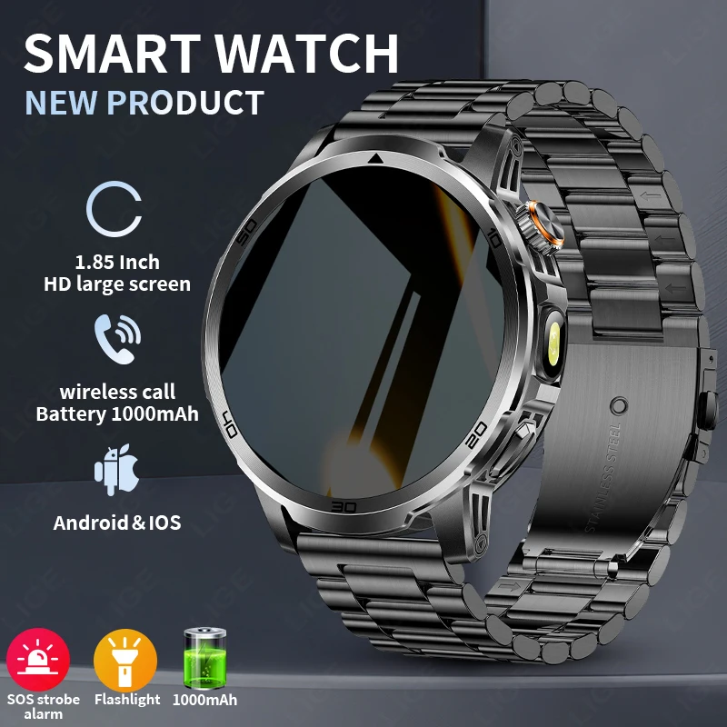 

LIGE New 1000mAh Battery Smart Watch IP68 Waterproof Outdooor Sports LED Flashlight And SOS Red Light Health Monitor Smartwatch