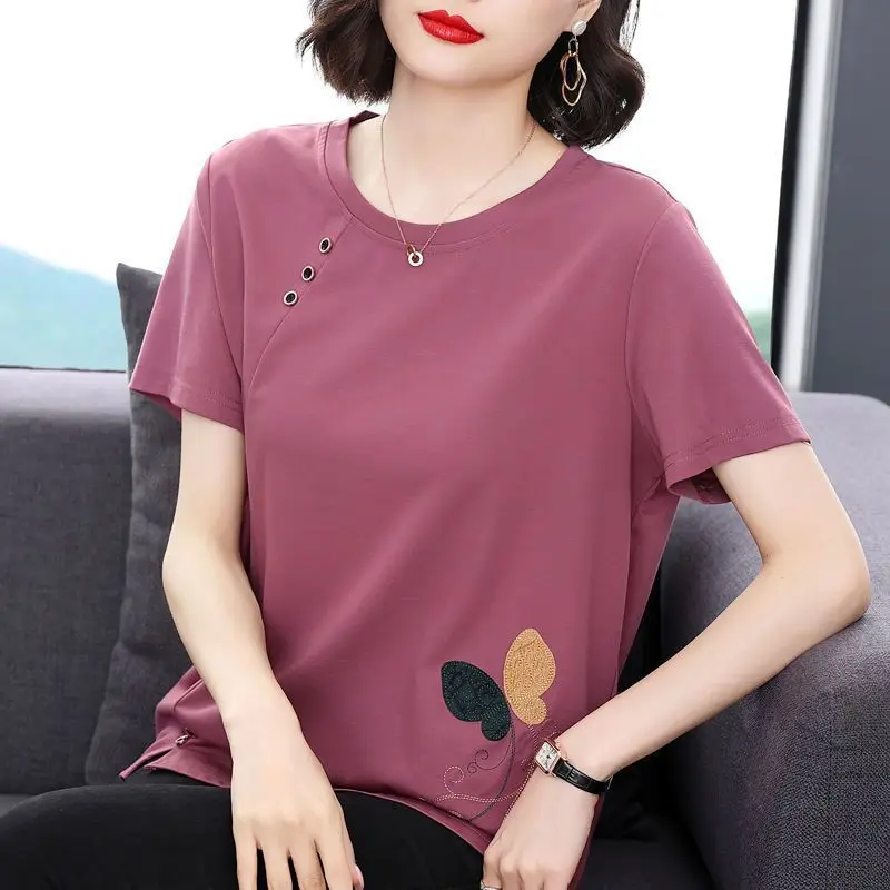 Korean Fashion Summer New Pure Cotton Women\'s O-Neck Embroidered Button Patchwork Casual Loose Short Sleeve T-Shirts Tops