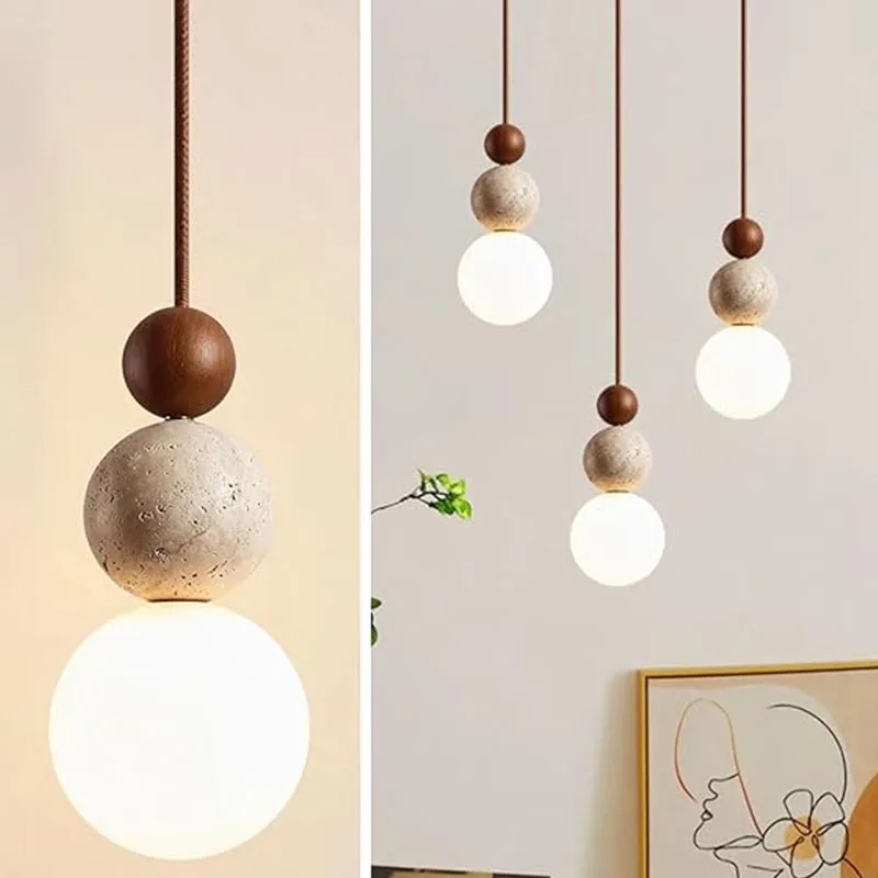 Cream Pendant Lamp Yellow Travertine LED Hanging Lamp Wabi Sabi Stone&Wood Chandelier Restaurant Bedroom Bar Decor Small Lights