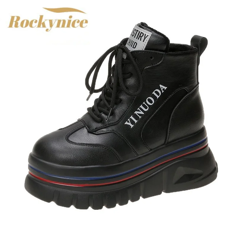 Stivali robusti con plateau Sneakers con fondo spesso da donna stivaletti in peluche caldi invernali maggiorati Botas da moto in metallo in pelle da