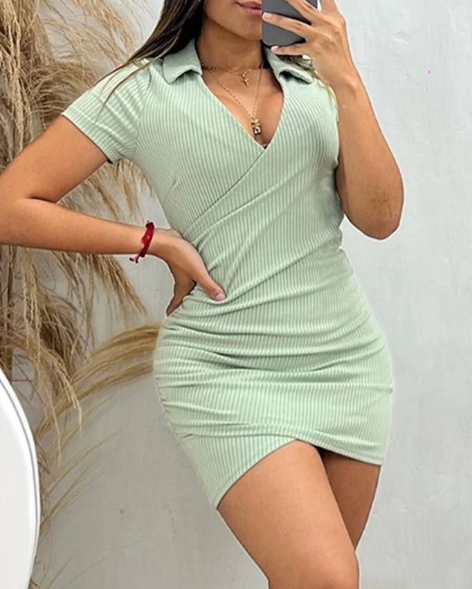 Sexy Knitted Bodycon Dresses for Women 2024 Summer Solid Color Short Sleeve Turn-Down Collar Ruched Slim Fit Mini Bodycon Dress